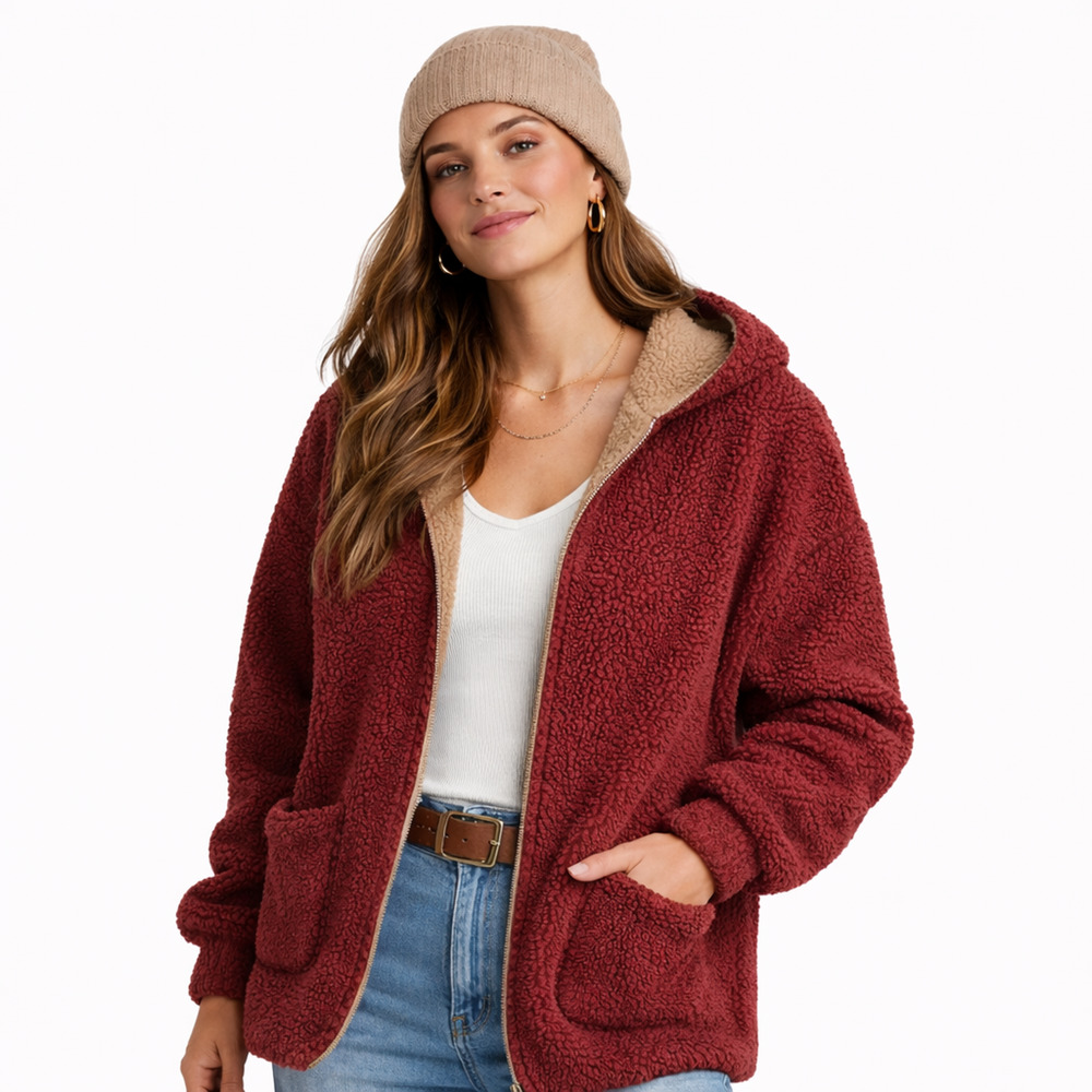 SMSS Fuzzy Jacket Womens Small Reversible Burgundy Brown Open Front Pockets